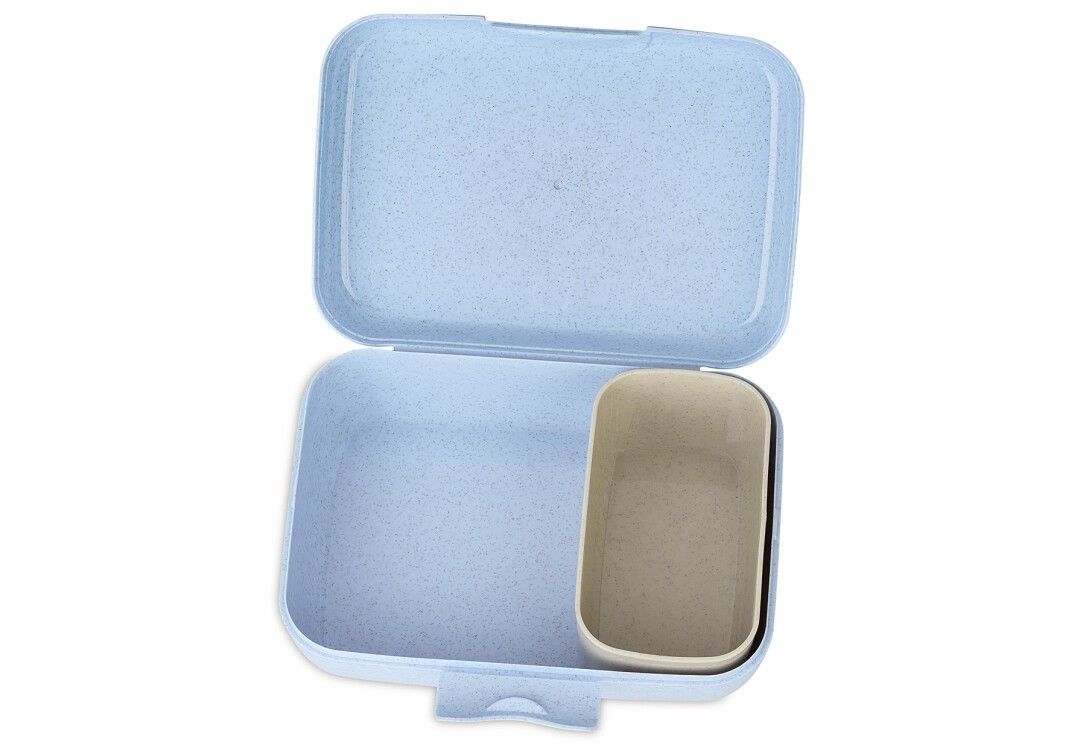 Contenitore per il pranzo azzurro chiaro con scomparto beige. Aperto, rettangolare. Plastica. Interno visibile.