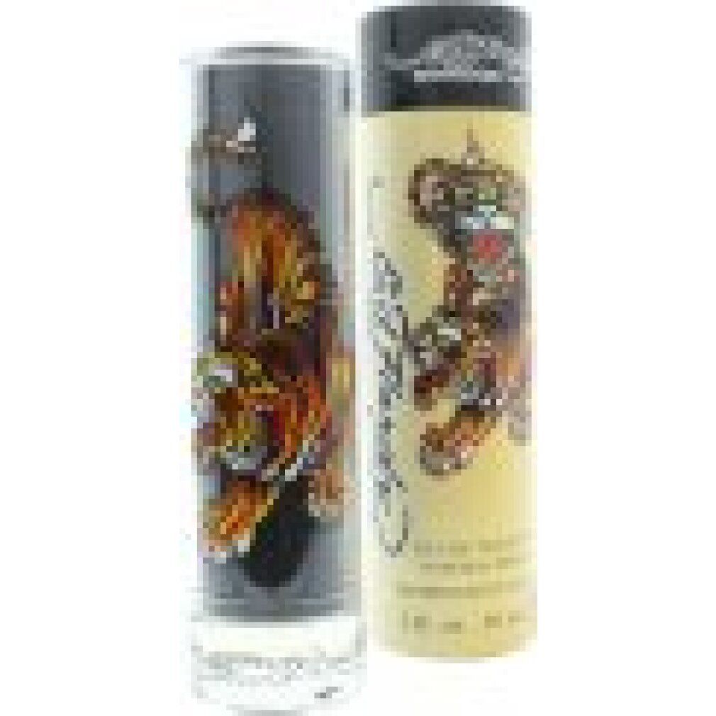 Ed Hardy Eau de Toilette Spray. Flacone e confezione affiancati. Entrambi presentano design a tigre e scritta. Coperchio nero.