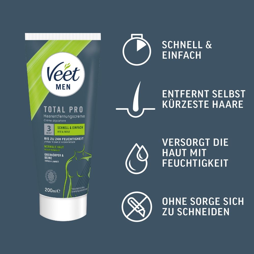 Crema depilatoria Veet Men Total Pro, tubo da 200ml. Per pelli normali. Idrata fino a 24 ore.