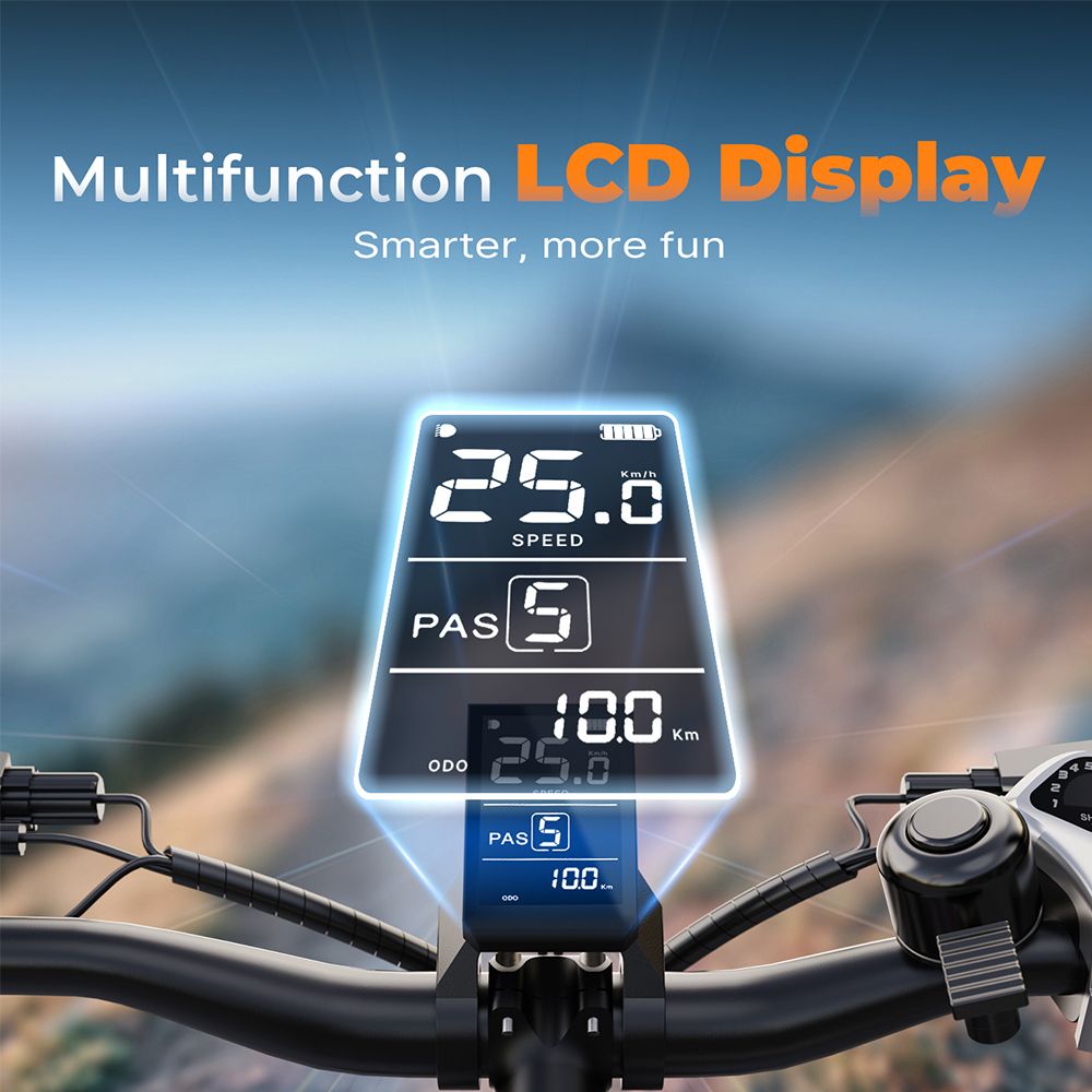 Display LCD digitale con indicazione di velocità, PAS e chilometraggio. Testo: Display LCD multifunzione.