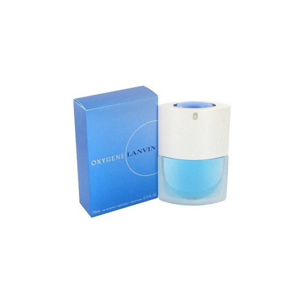Flacone di profumo azzurro con tappo bianco, accanto a una scatola blu con nome e logo del prodotto.