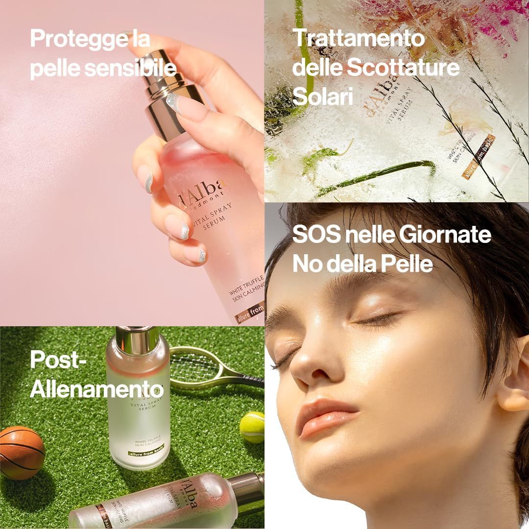 Quattro immagini. Flacone spray siero, donna che spruzza siero, donna con pelle, flacone siero su erba.