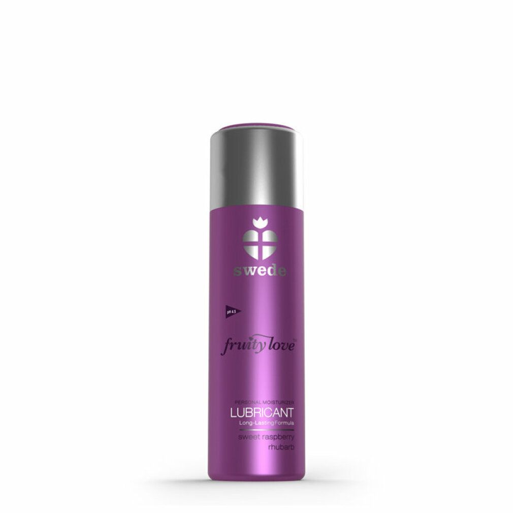 Flacone viola con tappo argentato. Scritta: swede, fruity love, LUBRICANT. pH 4.5. Lampone/rabarbaro.