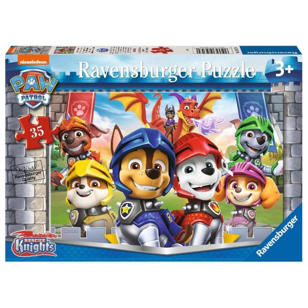 Scatola puzzle Paw Patrol. Scritte: Paw Patrol, Ravensburger Puzzle, 3+. 35 pezzi. Scena Rescue Knights.