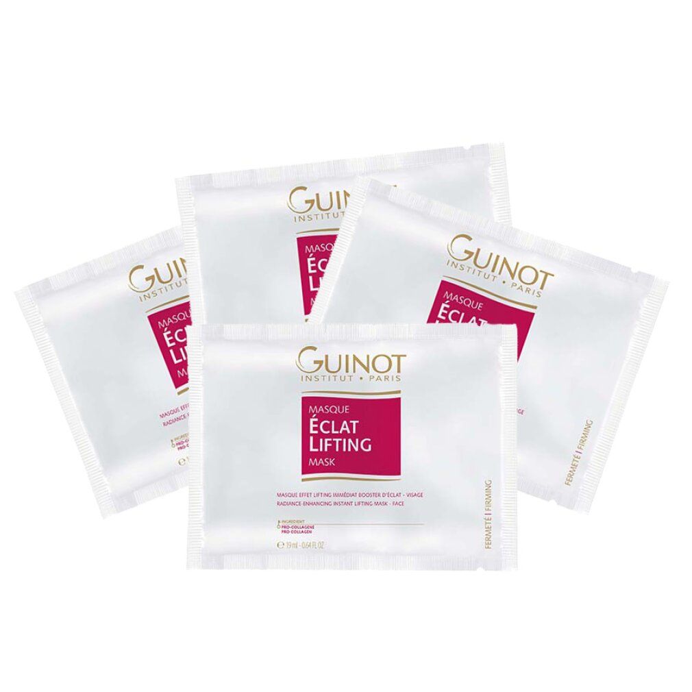 Cinque maschere Guinot Masque Eclat Lifting. Confezioni singole. Bustine bianche con rettangolo rosso e informazioni sul prodotto. Testo: Lift Firming Mask.