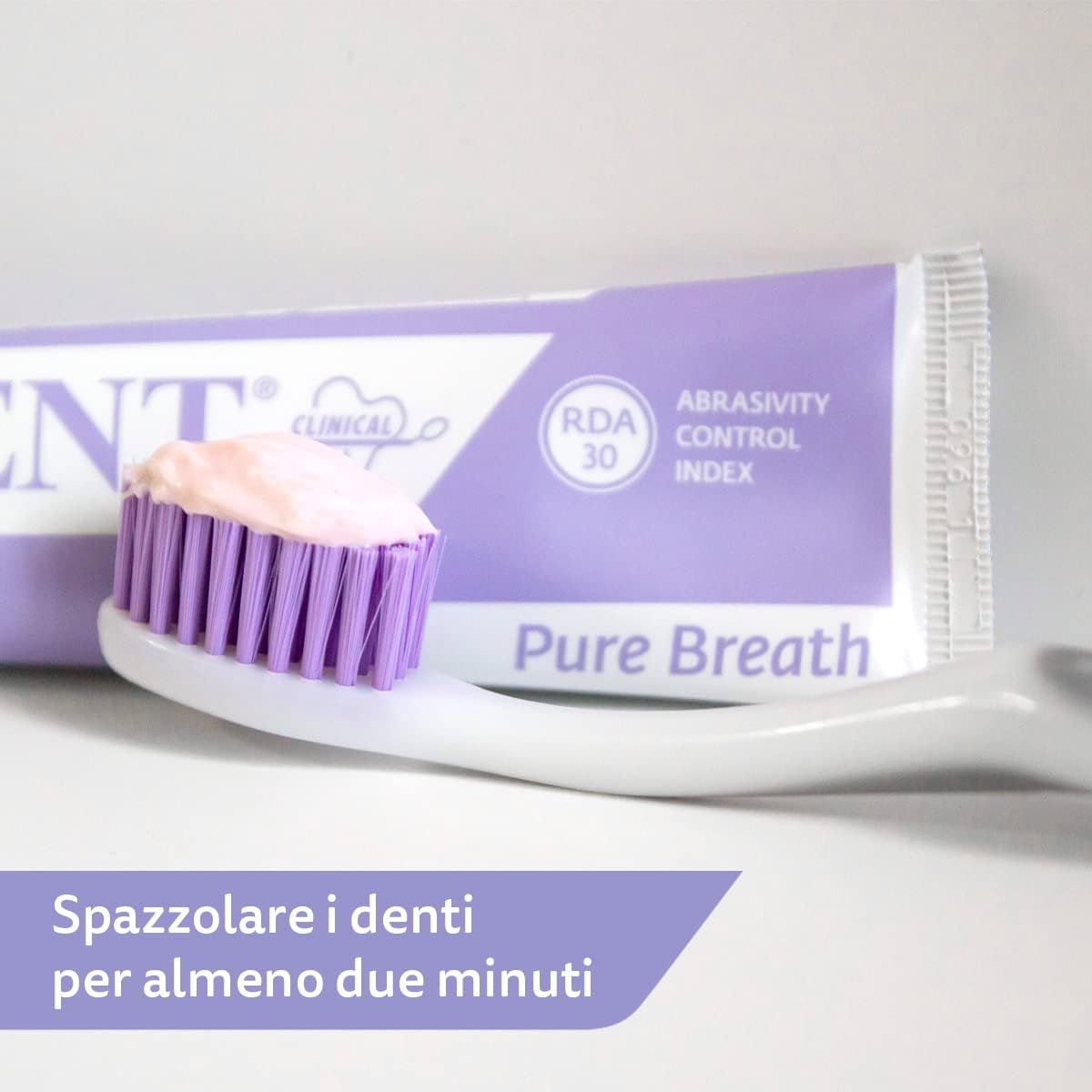 Spazzolino con dentifricio. Tubo di dentifricio sullo sfondo. Testo: RDA 30, Pure Breath. Colori: viola e bianco. Testo: Spazzolare i denti per almeno due minuti.