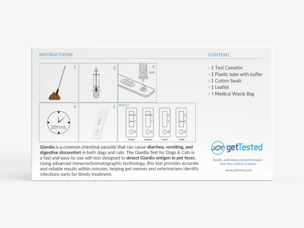 Confezione con illustrazioni e testo. Contiene cassetta di test, provetta in plastica, tampone di cotone, foglietto illustrativo e sacchetto rifiuti medici.