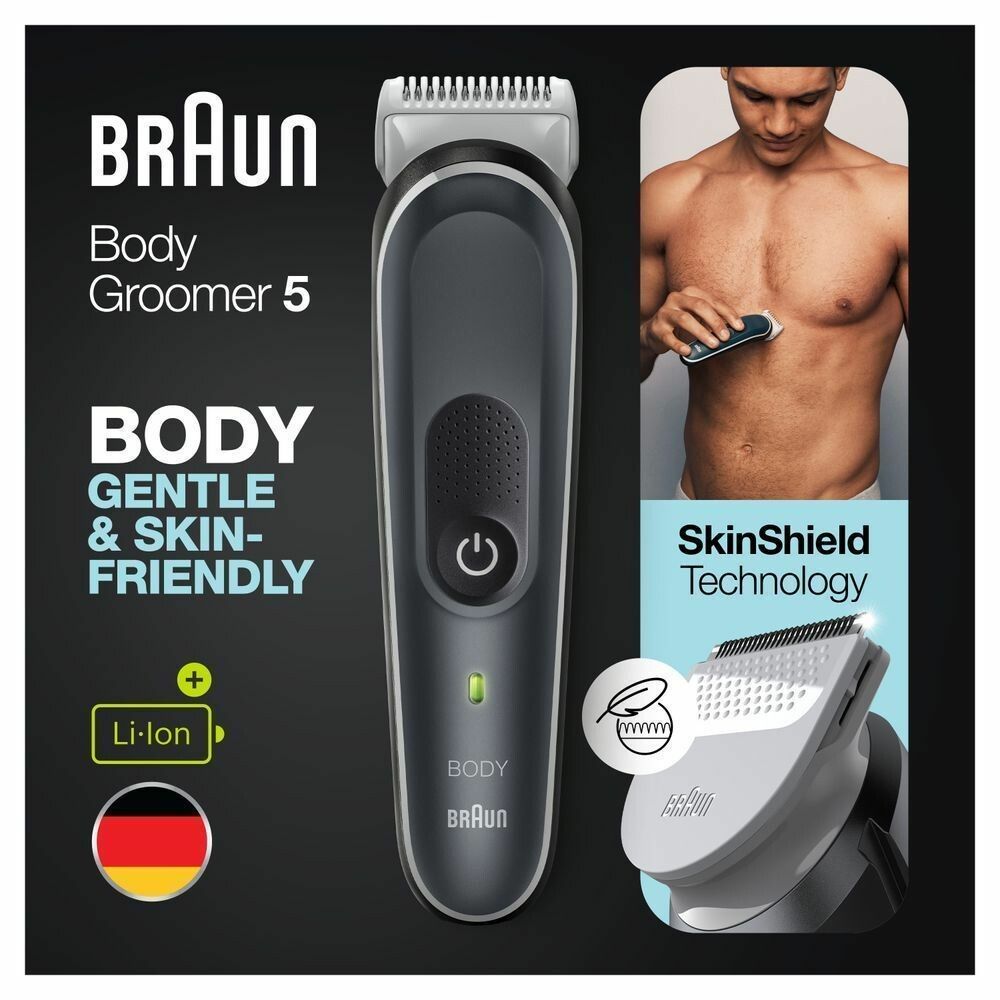 Braun BodyGroomer 5, nero-grigio. Immagine del prodotto con testo. Include accessori. Tecnologia SkinShield. Batteria Li-Ion.