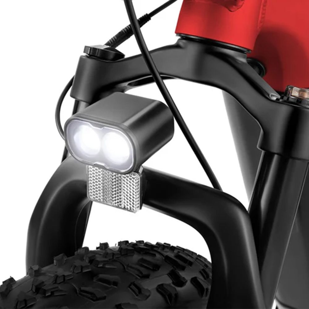 Primo piano della forcella anteriore nera di una bici elettrica. Doppio faro, catarifrangente, pneumatico nero.