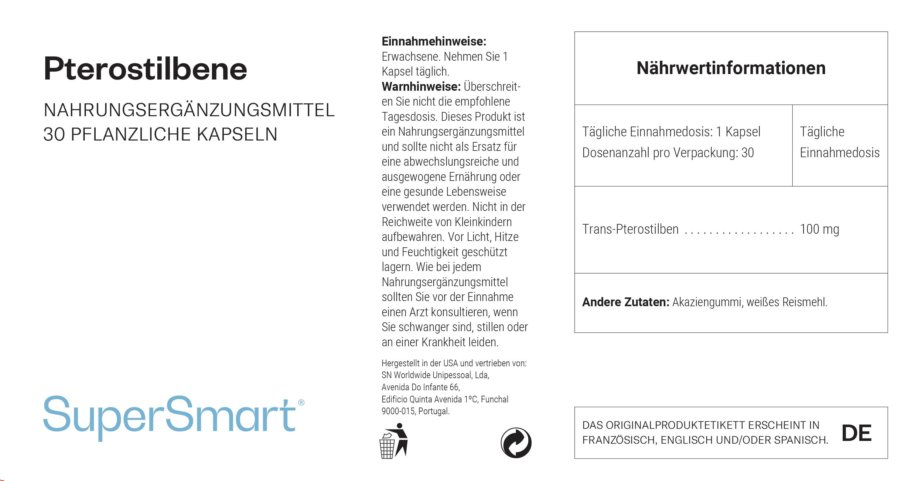 Pterostilbene integratore alimentare, 30 capsule vegetali. Contiene 100mg di pterostilbene per capsula.