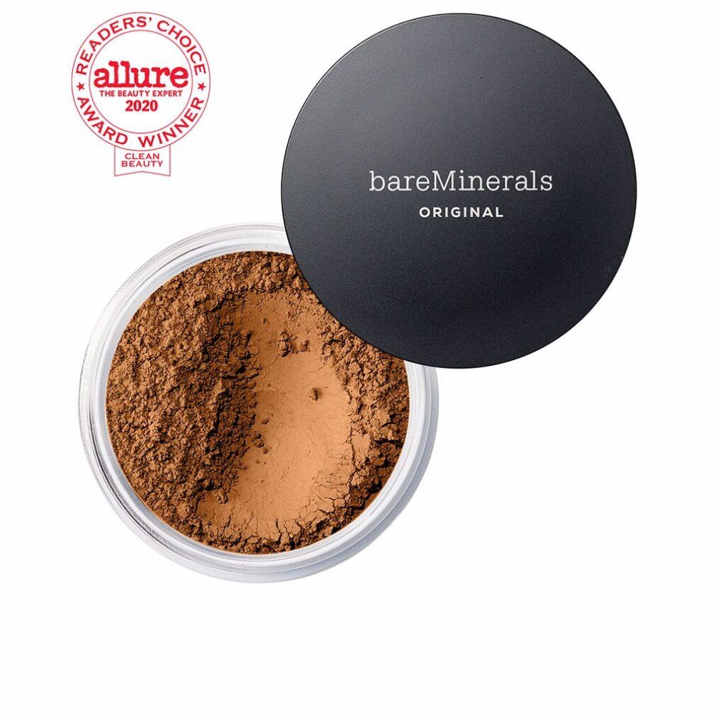 Contenitore aperto di fondotinta in polvere. Coperchio nero con scritta "bareMinerals ORIGINAL". Premio "Allure Readers' Choice".