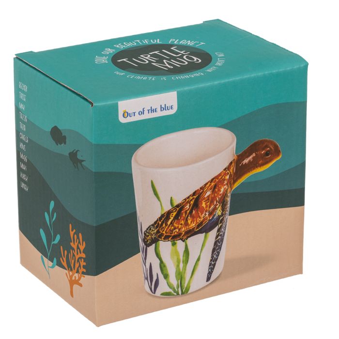 Tazza nella confezione. Tazza bianca con manico a tartaruga, in scatola con motivo sottomarino. OOTB Becher Tartaruga.