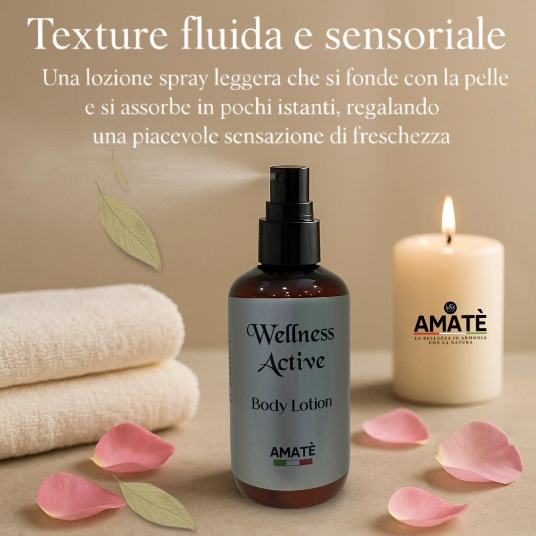 Flacone marrone con vaporizzatore nero. Scritta: Wellness Active Body Lotion. Sotto: AMATÈ. Candela, asciugamani, petali.