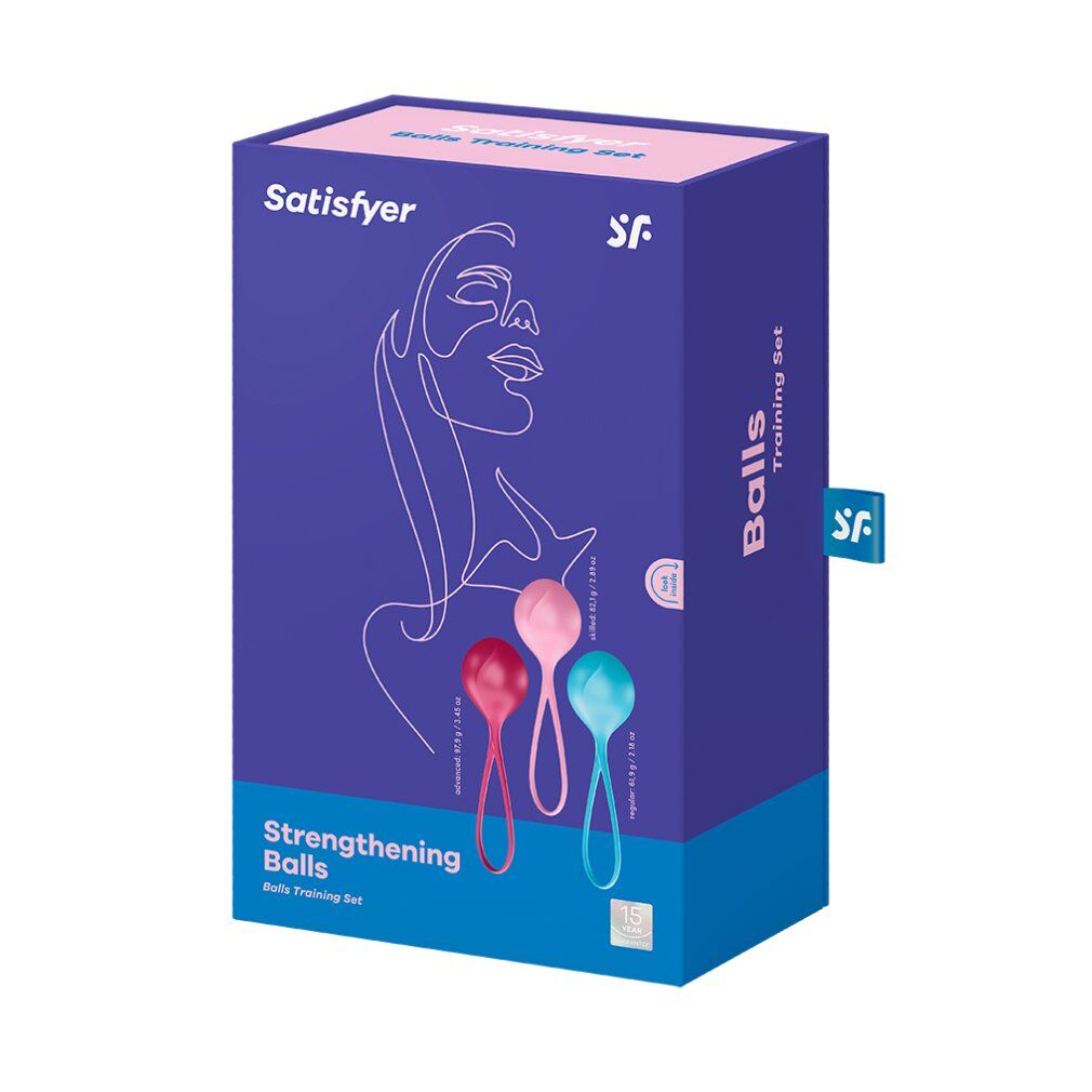 Scatola blu con immagine del prodotto. Scritta: Satisfyer, Strengthening Balls, Balls Training Set. Tre sfere colorate con manici.