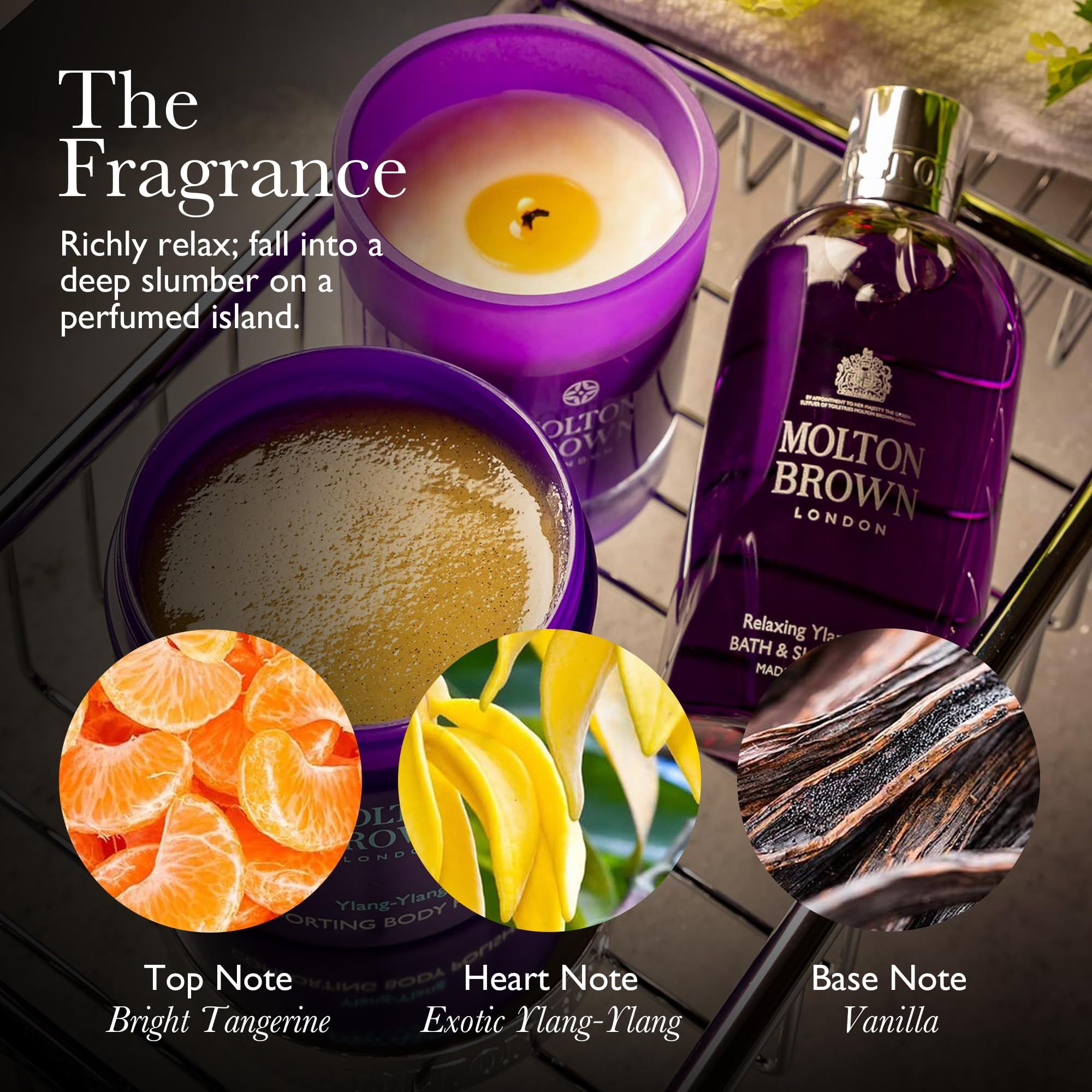 Immagine del prodotto con mandarini, fiori di ylang-ylang e vaniglia. Testo: Nota di testa, Nota di cuore, Nota di fondo.