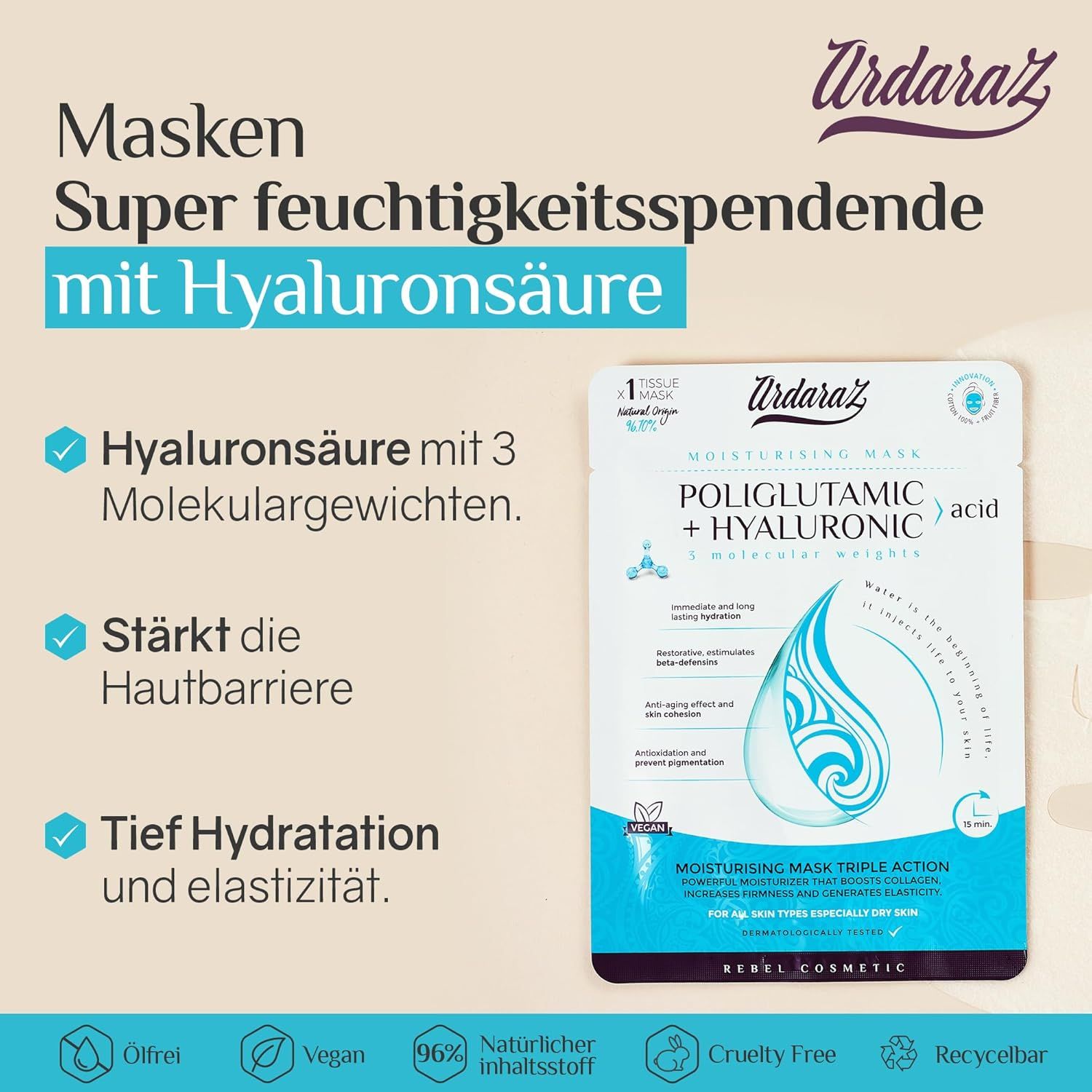 Immagine promozionale della maschera per il viso Ardaraz. Un pacchetto di maschera con testo: Acido ialuronico con 3 pesi molecolari. Vegano, 96% ingredienti naturali.