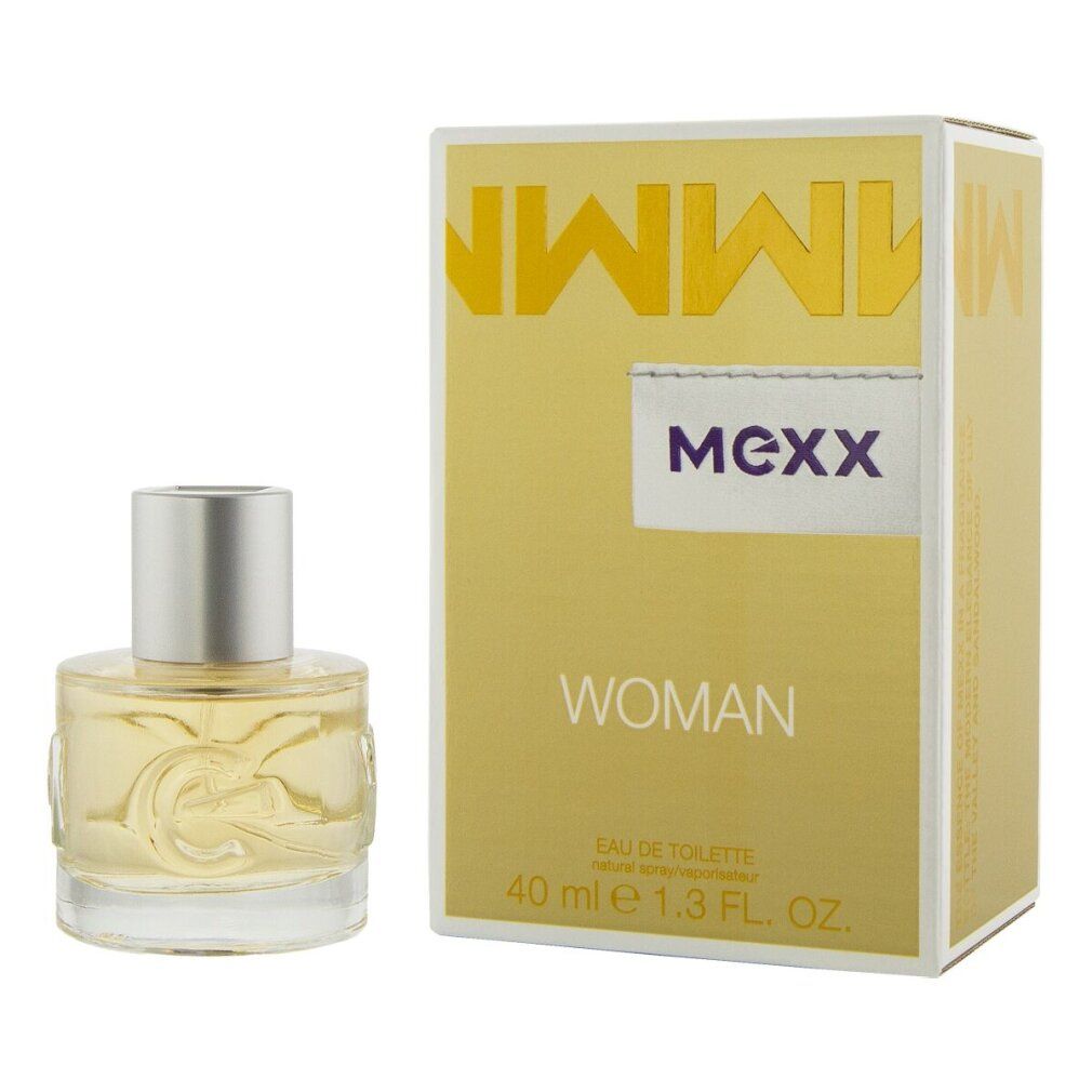 Flacone di profumo e scatola. Flacone con tappo argentato, lettera "M" sul davanti. Scatola con logo "Mexx Woman".