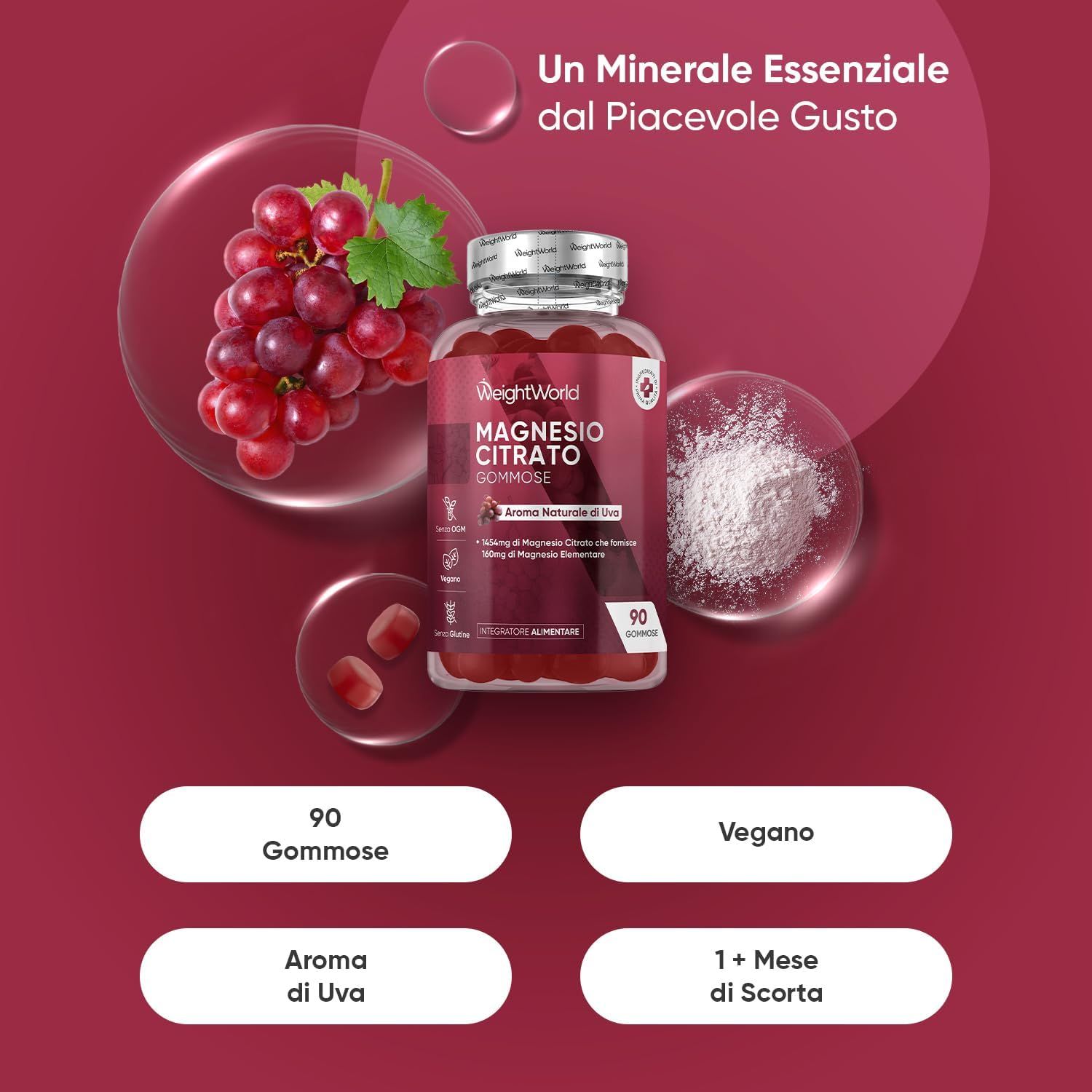 Flacone di caramelle gommose al citrato di magnesio, uva e polvere. Testo: 90 caramelle gommose, vegano, aroma d'uva, 1+ mese di scorta.