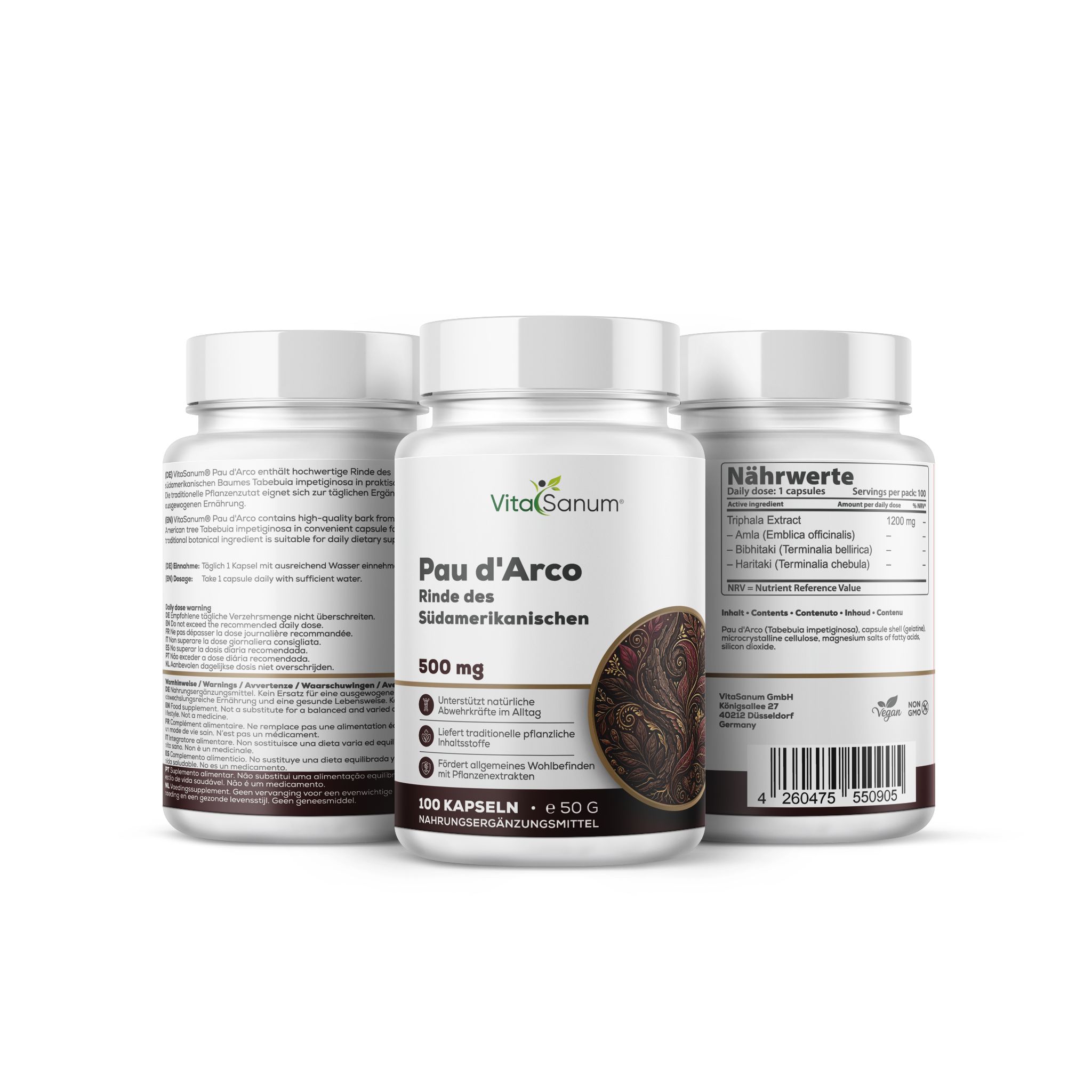 Tre barattoli di capsule VitaSanum® Pau d'Arco, 500 mg. Un barattolo frontale, due laterali.