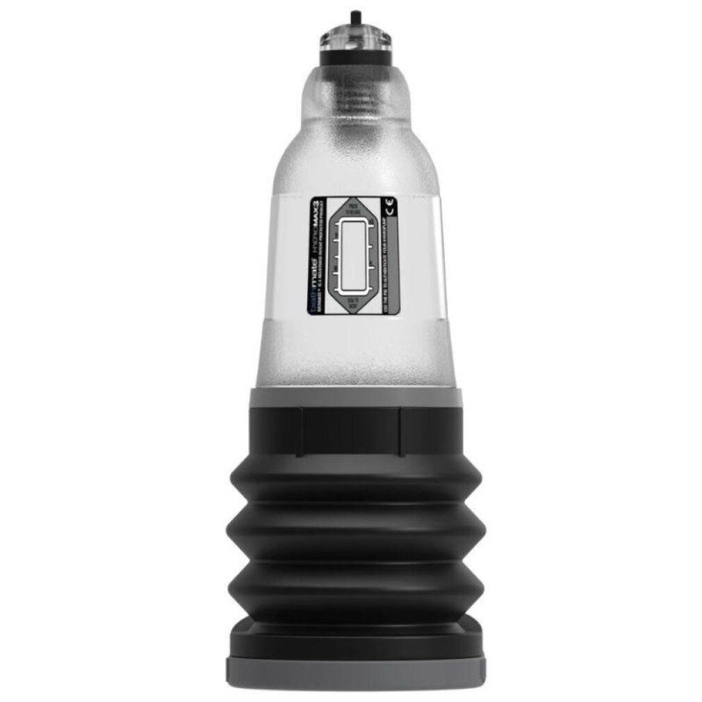 Pompa Bathmate Hydromax3 con cilindro trasparente e soffietto nero.