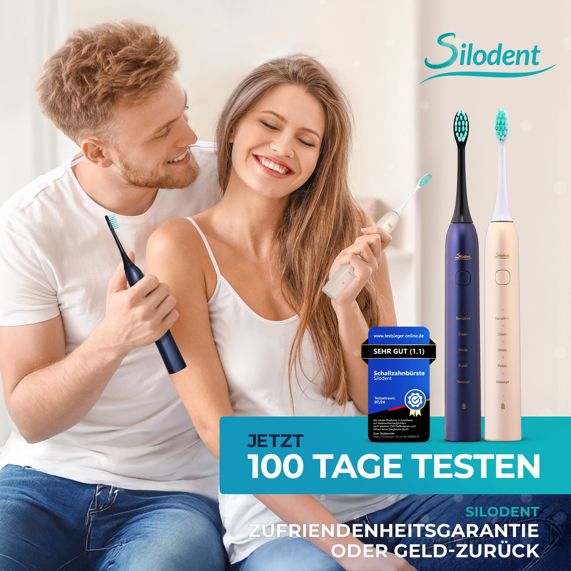 Coppia con spazzolini sonici Silodent Blu Notte e Champagne. Prova 100 giorni.