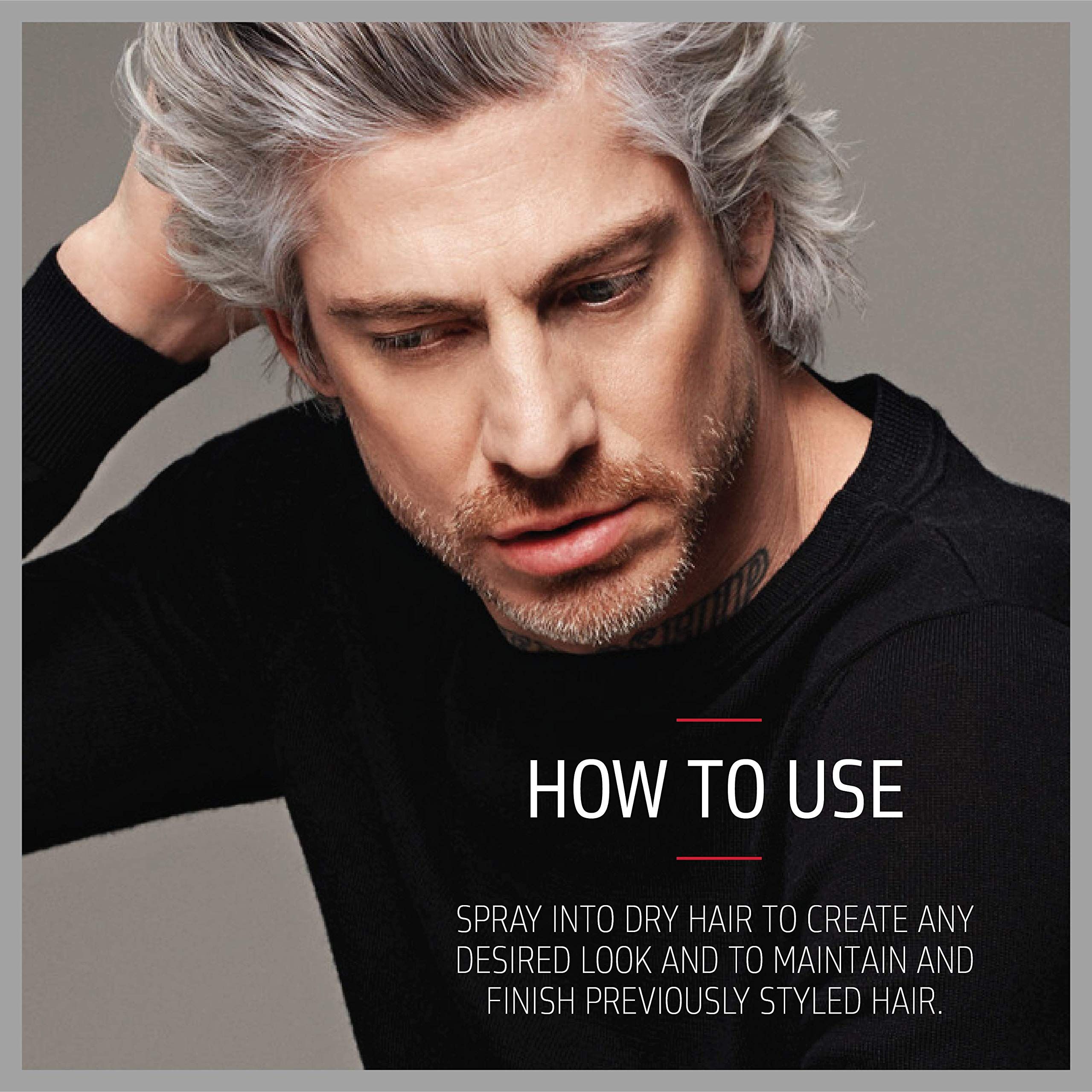 Uomo con capelli grigi, tocca i capelli. Testo: HOW TO USE. Spruzzare sui capelli asciutti.