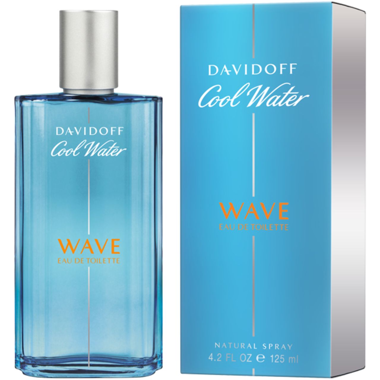 Flacone e confezione Davidoff Cool Water Wave EdT. Vetro blu, tappo argentato. Confezione con nome prodotto e Wave.
