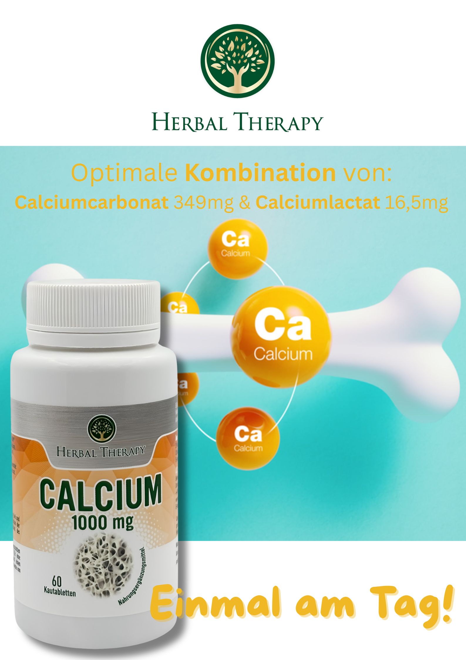 Flacone di prodotto Calcium 1000 mg. Grafica con ossa, atomi di calcio e testo: Combinazione ottimale di carbonato e lattato di calcio.