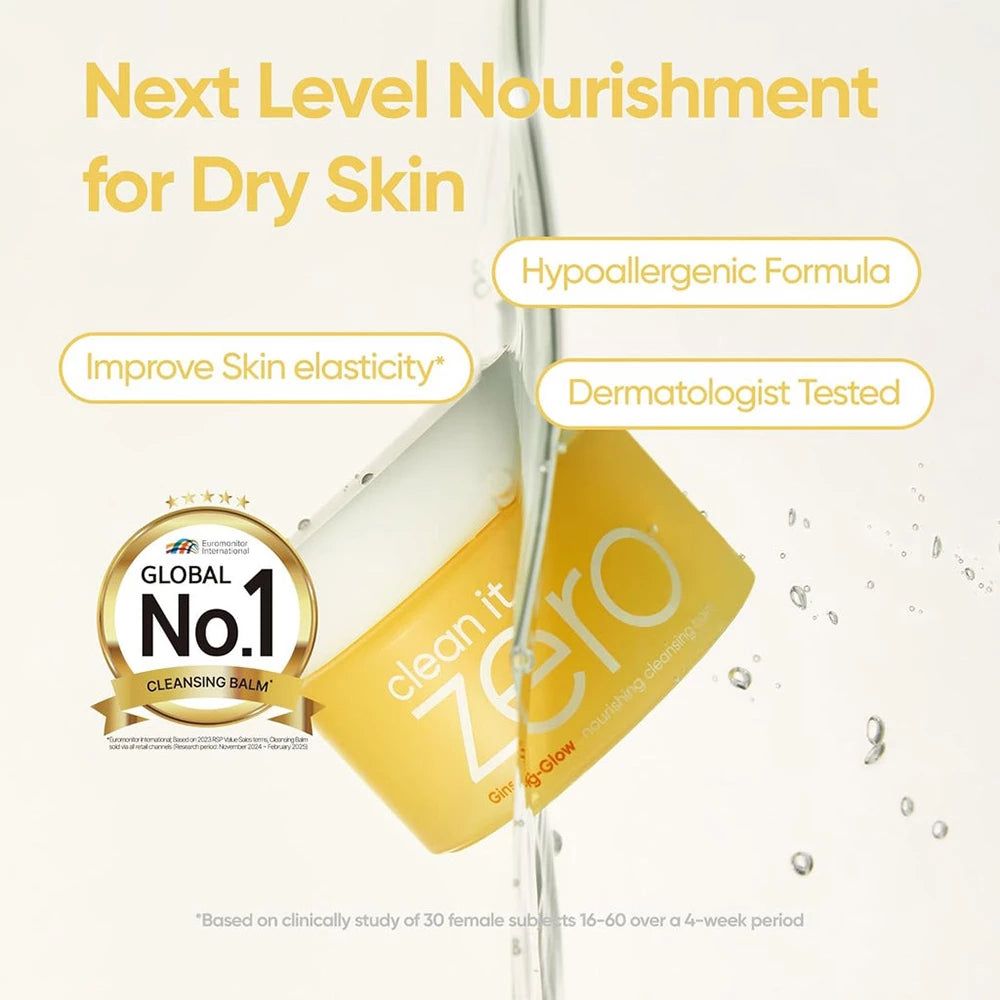 Barattolo giallo con clean it zero. Testo: Next Level Nourishment for Dry Skin. Dermatologicamente testato. Global No.1 Cleansing Balm.