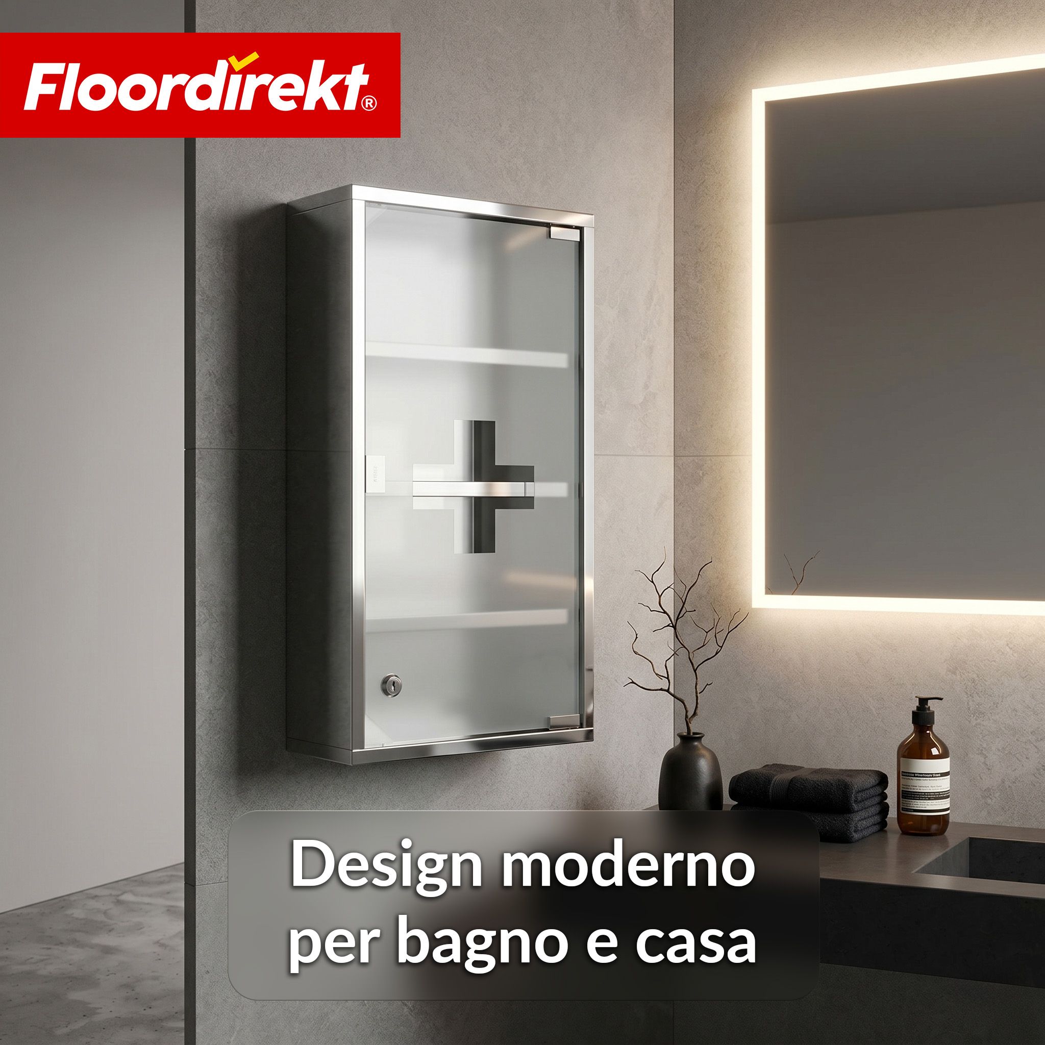 KARAT Armadietto medicinali Allen con anta in vetro argento 60 x 30 cm 4 scomparti