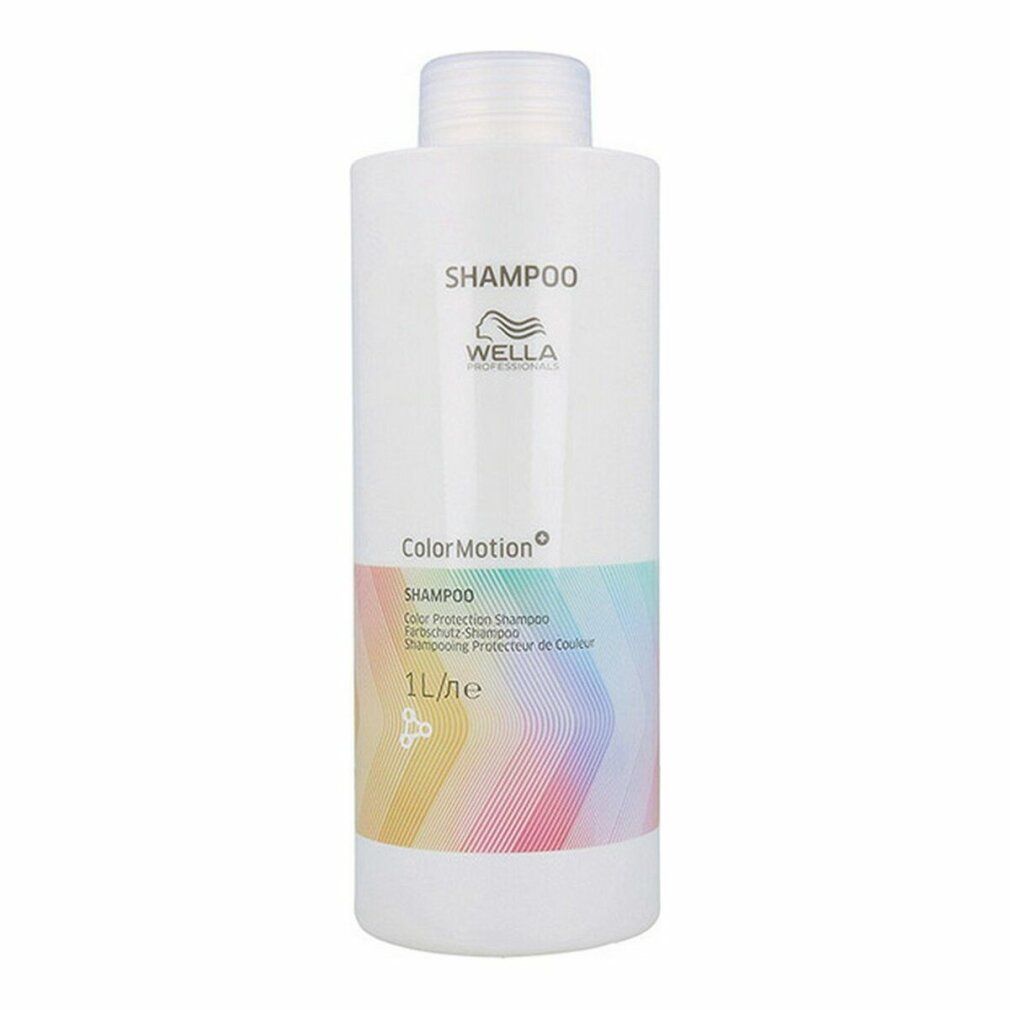 Grande flacone di shampoo bianco con tappo bianco. Scritta: Wella ColorMotion Shampoo. Adesivo colorato.