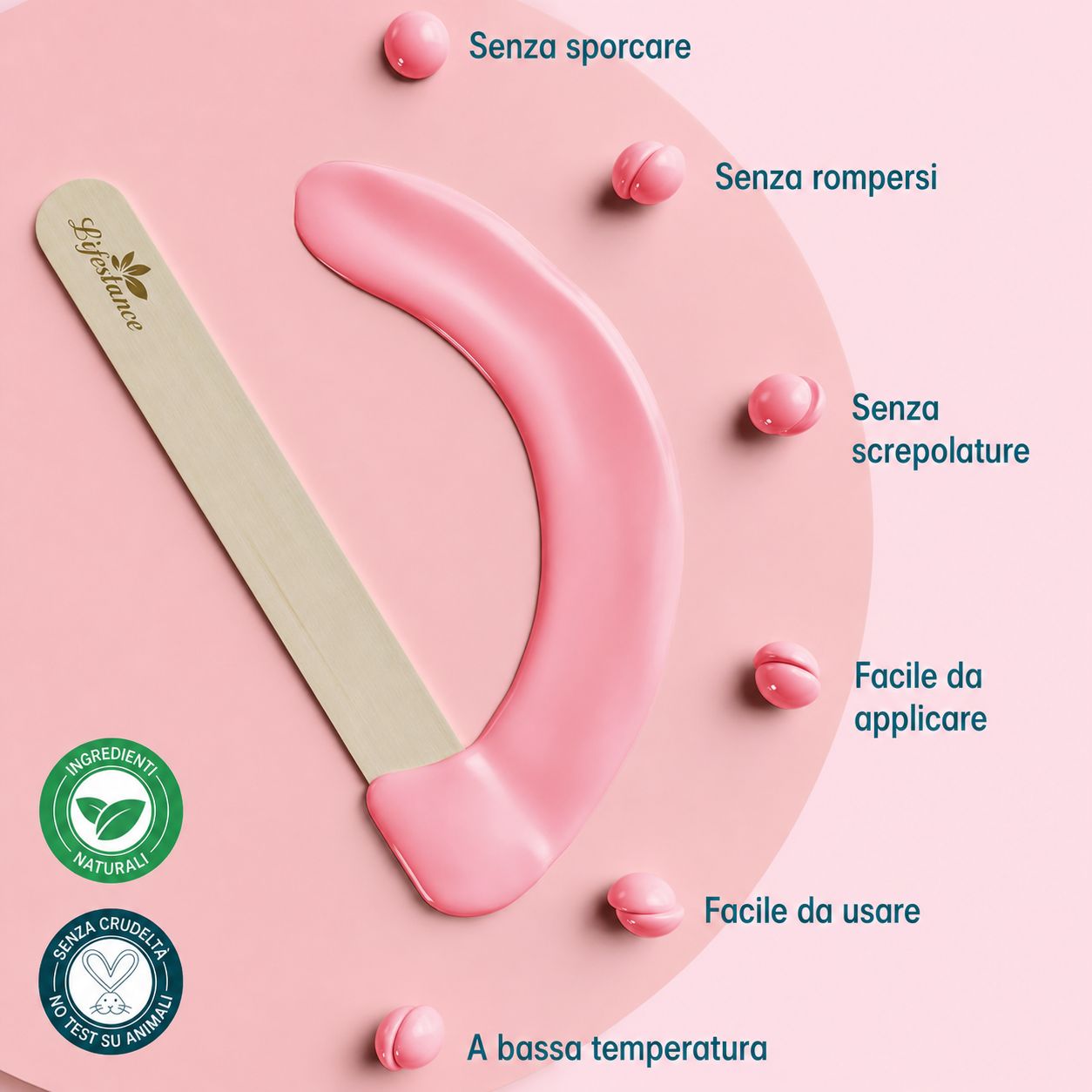 Perle di cera rosa, spatola e cera. Testo: Nessun pasticcio, nessuna rottura, nessuna screpolatura, facile da applicare, facile da usare.