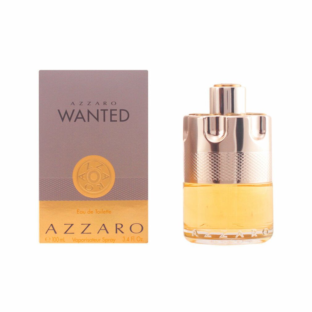 Flacone e scatola Azzaro Wanted Eau de Toilette. Flacone con tappo argentato, liquido giallo. Scatola grigia accanto.