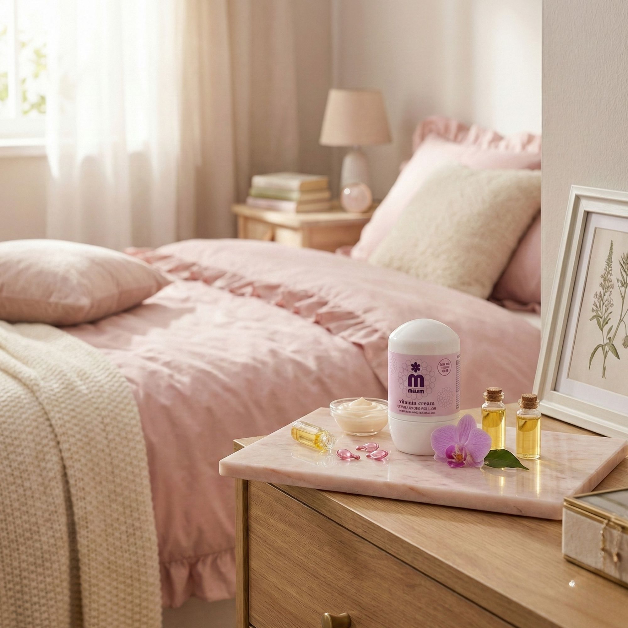Roll-on bianco con etichetta viola, testo: Vitamin Cream. Su lastra di marmo vicino al letto. Con orchidea, oli, crema e capsule.