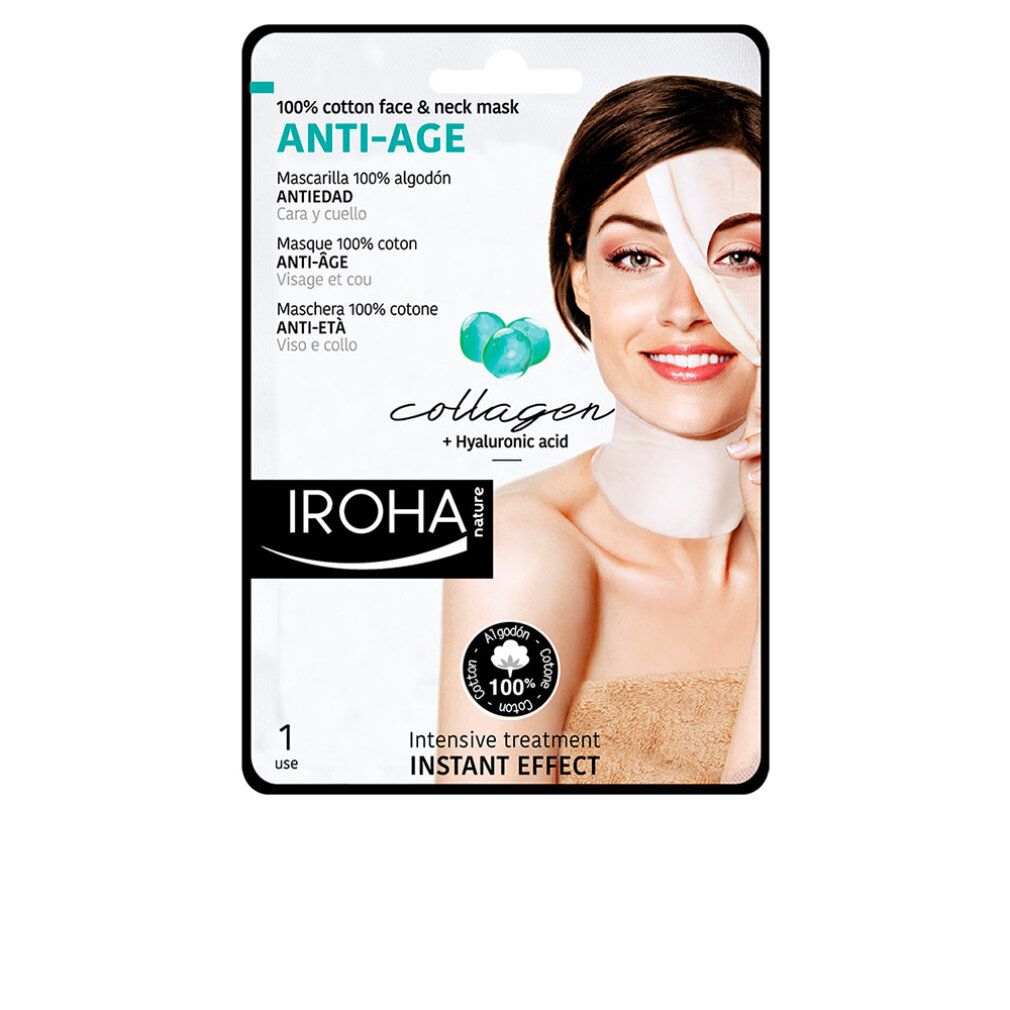 Maschera viso e collo Iroha Nature Anti-Age 100% cotone con collagene e acido ialuronico.