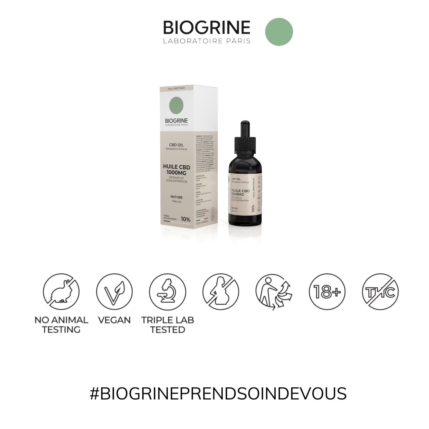 Confezione del prodotto con flacone e contagocce. Loghi: No Animal Testing, Vegan, Triple Lab Tested, 18+, THC Free.