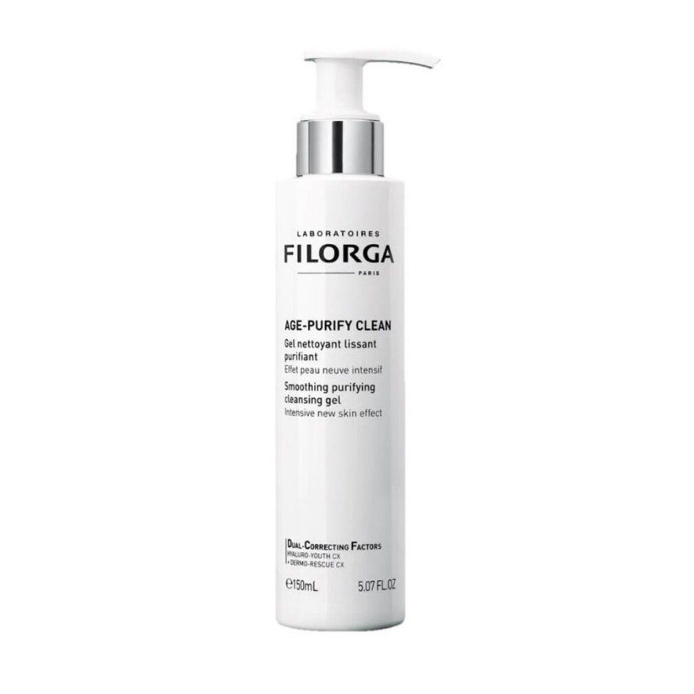 Flacone bianco Filorga Age-Purify Clean, pompa. Testo: Age-Purify Clean, gel detergente. 150ml. Laboratoires Filorga Paris.