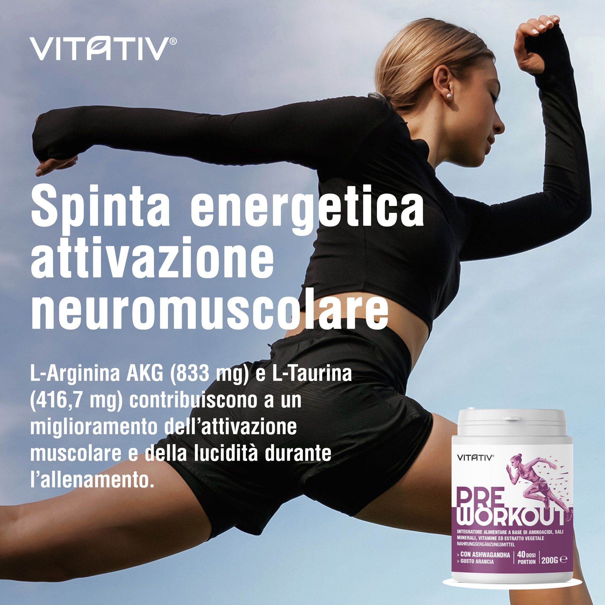 VITATIV® Pre Workout Donna Senza Caffeina Con Amminoacidi Minerali E Vitamine - 200 g