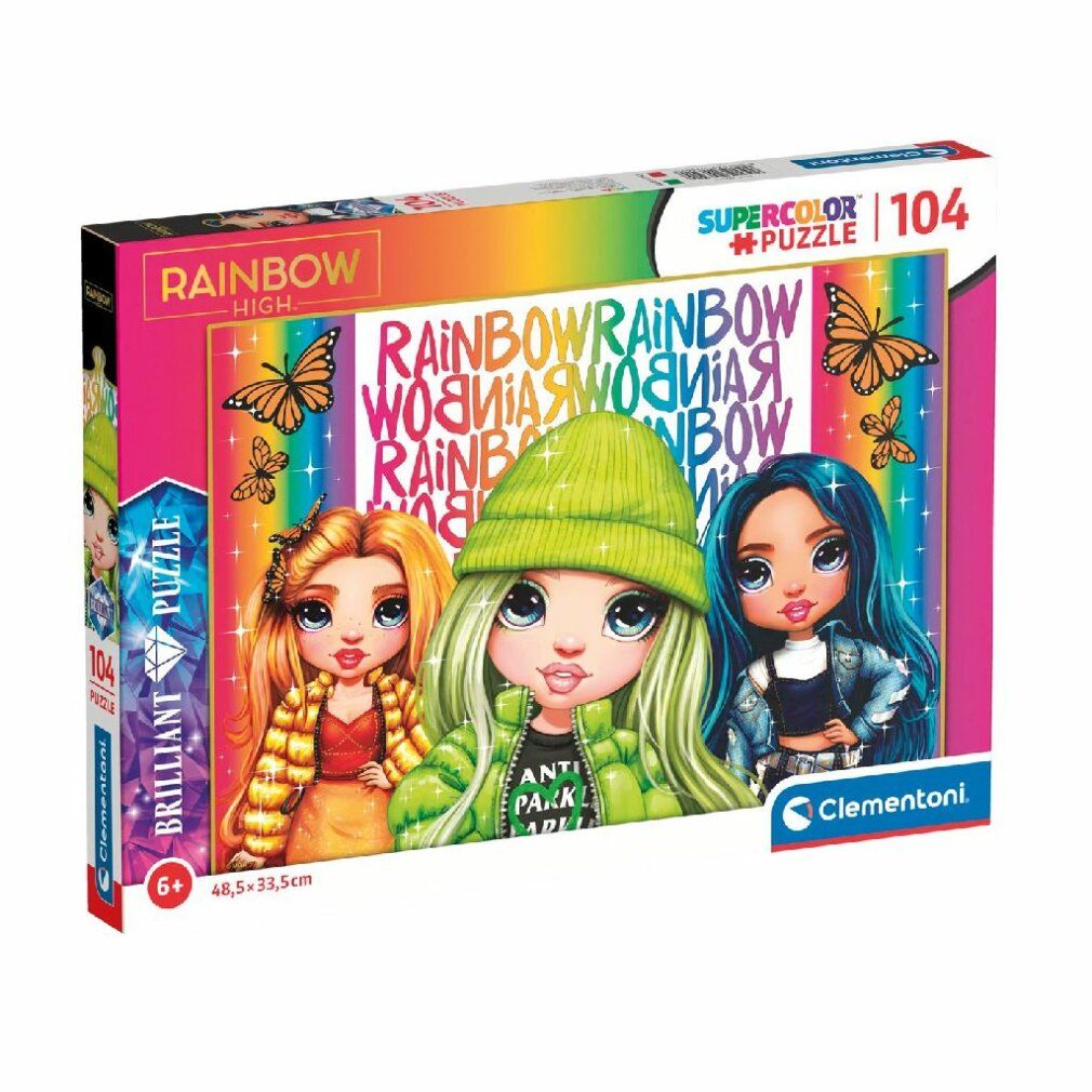 Scatola puzzle con illustrazioni di tre ragazze. Scritte: Rainbow High, Supercolor Puzzle 104, Clementoni. Età consigliata: 6+.