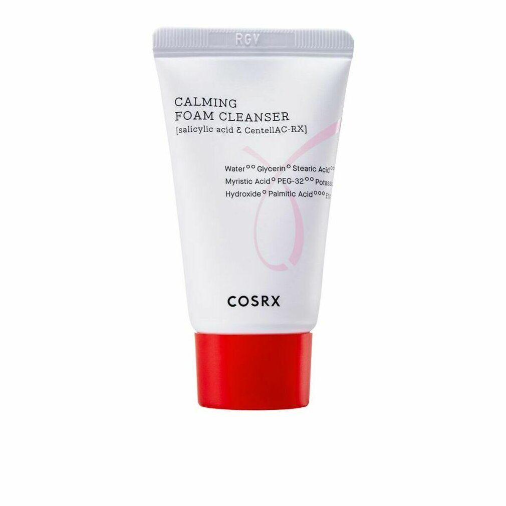 Tubo bianco con tappo rosso. Scritta: CALMING FOAM CLEANSER, ingredienti. Marchio: COSRX.