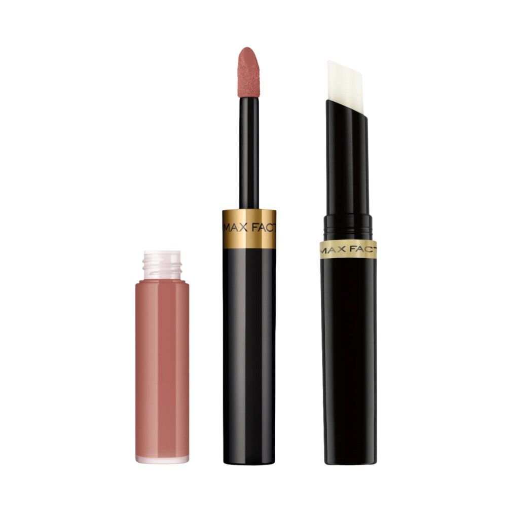 Tre prodotti Lipfinity Lipcolour. Contenitore Lipcolour, applicatore Lipcolour e applicatore Topcoat. Contenitori neri con dettagli dorati.