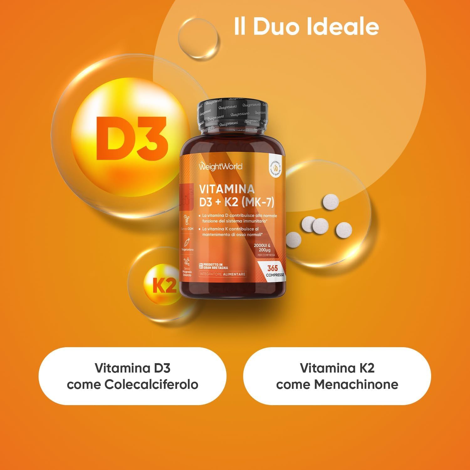 Flacone WeightWorld Vitamina D3 + K2. Gocce D3 e K2. Testo: Vitamina D3 come Colecalciferolo, K2 come Menachinone.