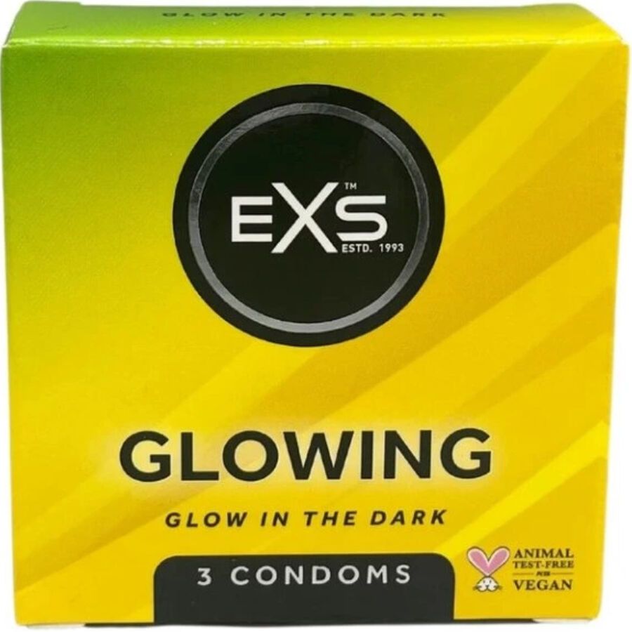 Confezione da 3 preservativi EXS Glow in the Dark. Sfumatura giallo-verde, logo e nome del prodotto.