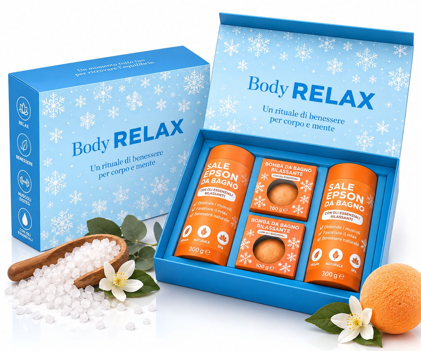 Set regalo Body Relax con sali da bagno e bombe da bagno in confezione rosa.
