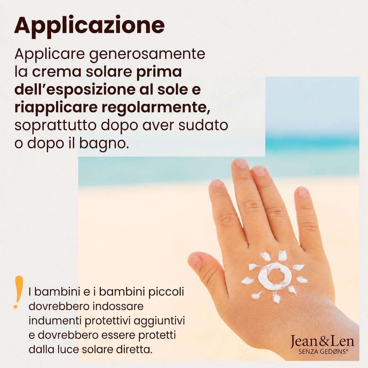 Mano con sole di crema solare. Testo: Applicare crema solare prima dell'esposizione e riapplicare regolarmente.