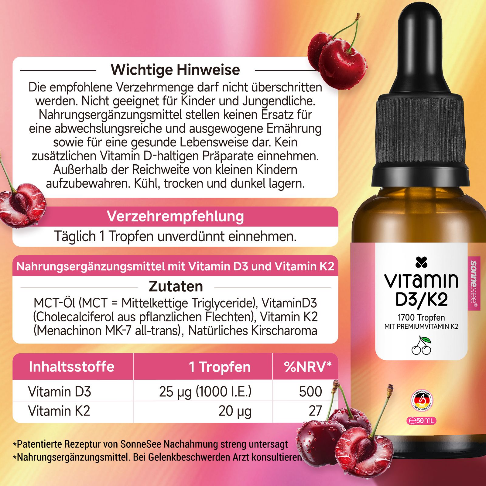 Flacone Sonnesee Vitamina D3/K2 gocce Ciliegia con istruzioni d'uso e ingredienti dettagliati.