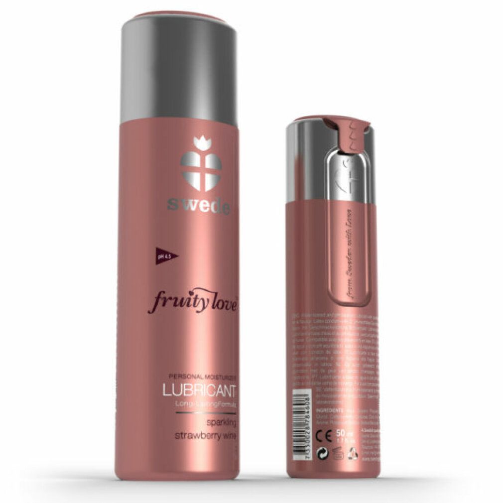 Due flaconi rosa con tappi argentati. Scritta: Swede, Fruity Love, Lubricant, Sparkling Strawberry Wine. pH 4.5. CE.