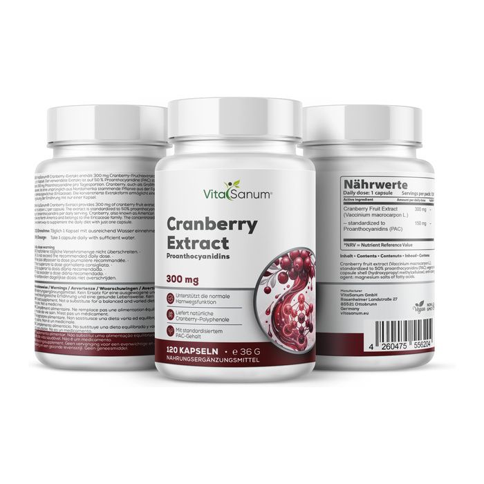 Capsule VitaSanum Cranberry Extract, 300 mg. Tre contenitori con immagine di mirtillo rosso e informazioni nutrizionali.