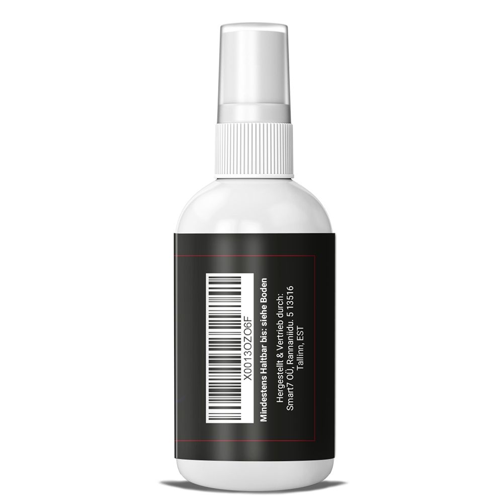 Retro di flacone bianco con etichetta nera e codice a barre. Testo: Da consumarsi preferibilmente entro, Produttore.