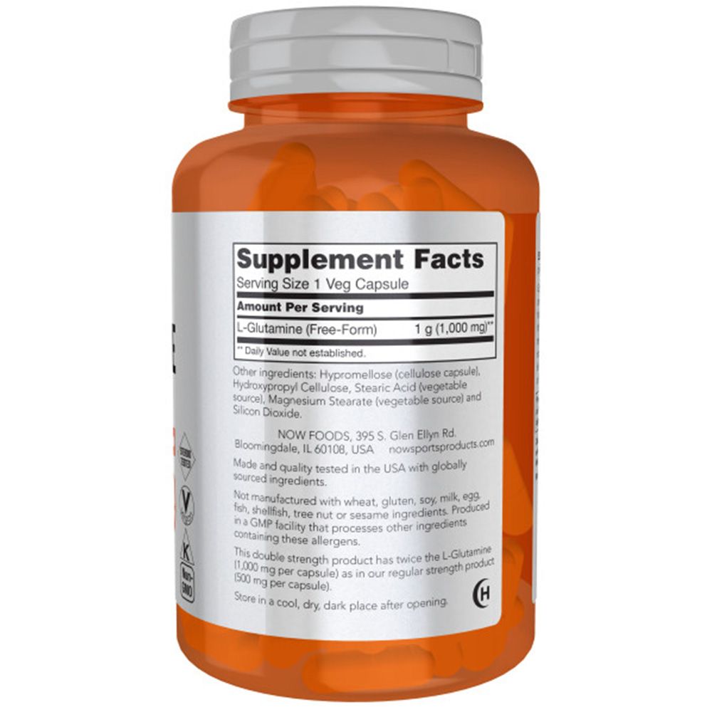 Etichetta dei fatti integrativi su una bottiglia. Contiene L-Glutammina, 1 g (1.000 mg) per capsula. Prodotto negli Stati Uniti.